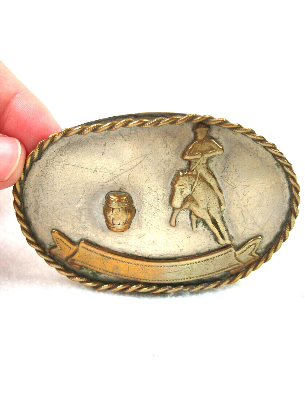 Vintage Rodeo Barrel Racing Metal Belt Buckle Western Ornate Scroll Trophy Award